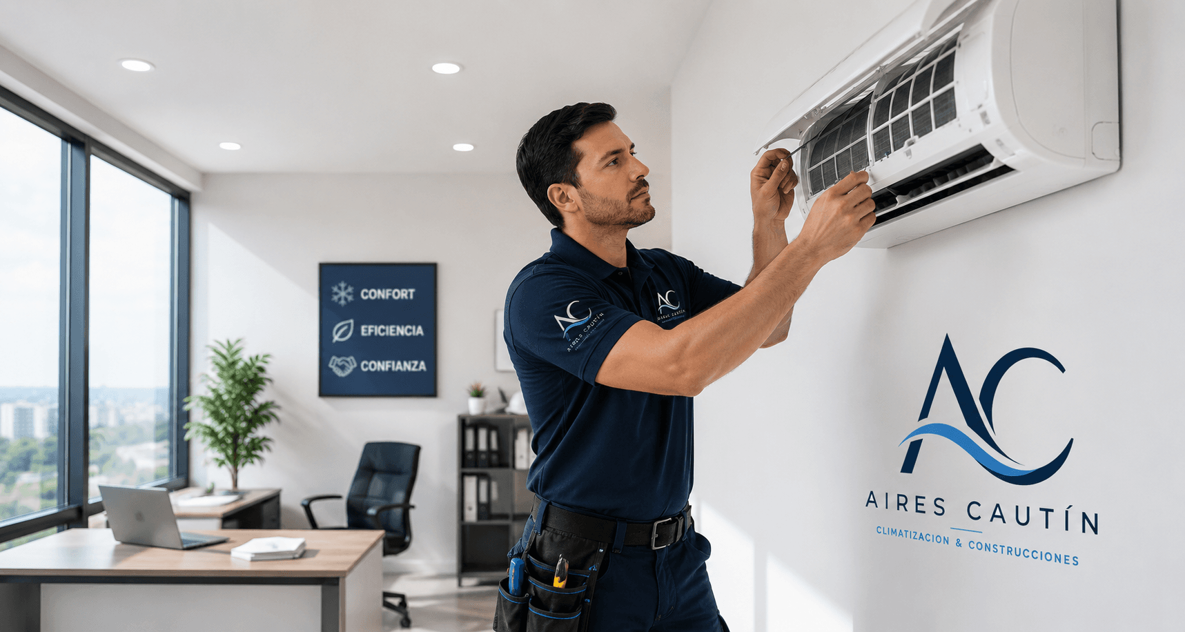 Técnico de Aires y Construcciones Cautín instalando un aire acondicionado